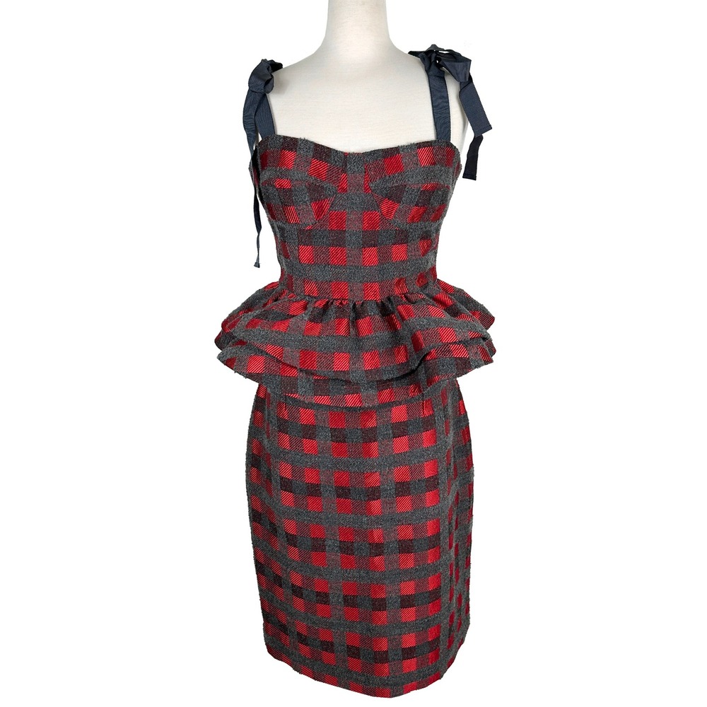Silvia Tcherassi Dakia Top and Delaney Skirt Set Red Gray Plaid Wool Blend L - Picture 2 of 9